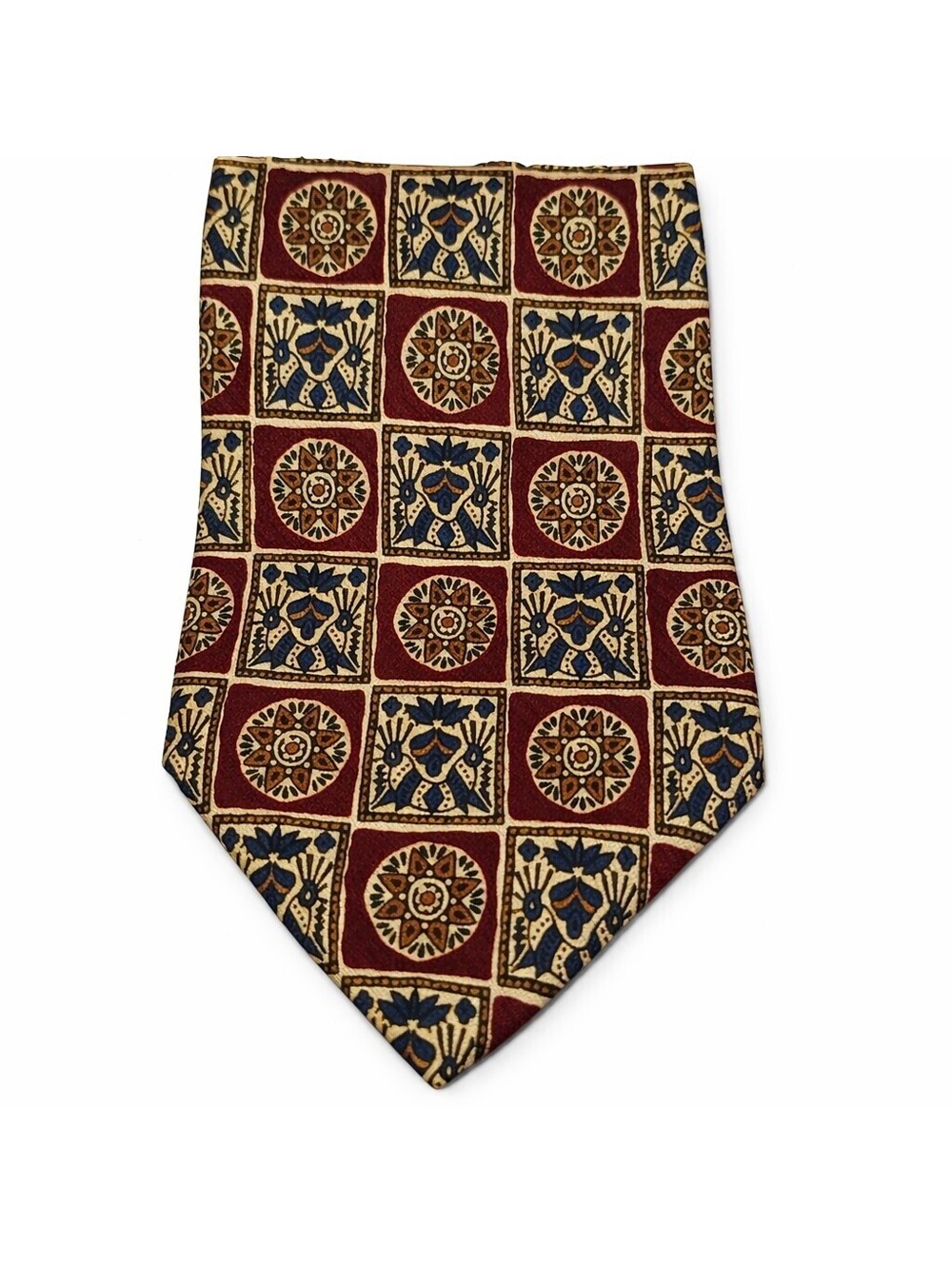 Tom James 100% Silk Tie Burgundy Gold Geometric Medallion Classic Designer...